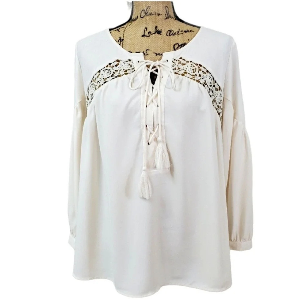 LOFT Women's Regular Oversized Lace Tassel Cutout Blouse Cream Size Small
